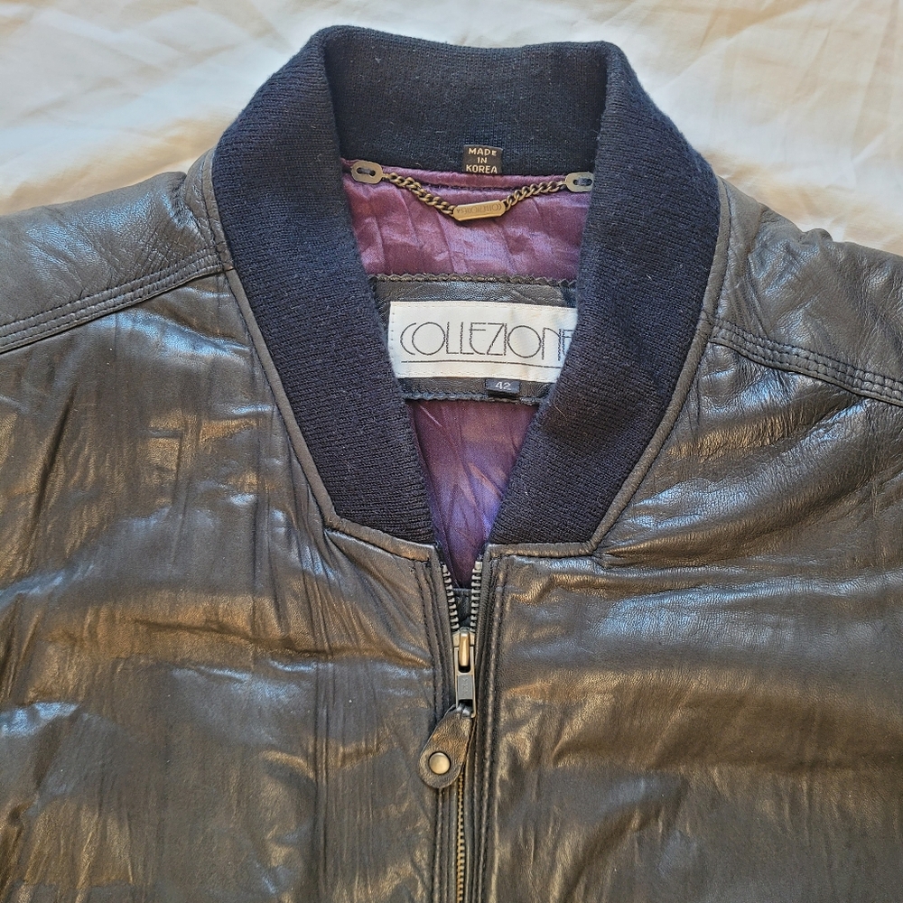 Vintage Collezione SA Leather Bomber Jacket Black Aviator Mens 42 Made in Korea - Picture 2 of 16